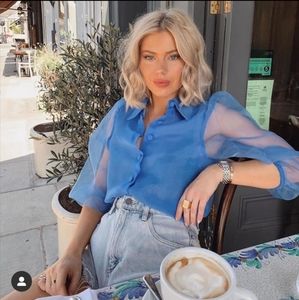 NWOT ZARA Blue Mess Sheer puff Blouse in size S